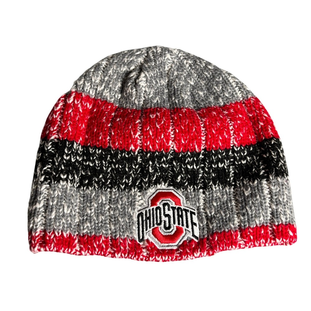 Ohio State Buckeyes NCAA Striped Marled Knit Beanie Hat Gray Red Black Adult